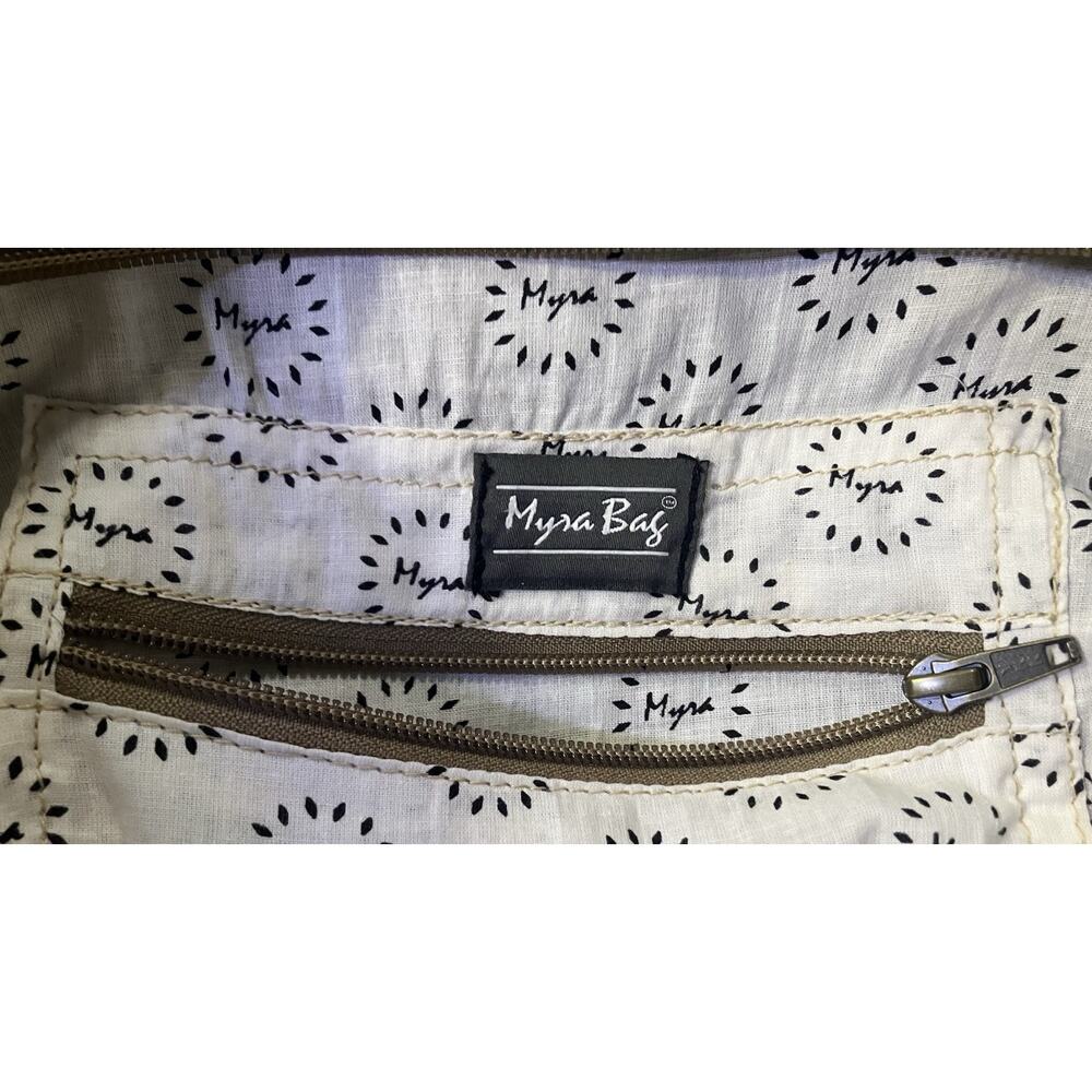 Myra Bag Gray Floral Zip Tote w/ Brown Leather Double Handles Lined Pockets - Picture 5 of 10